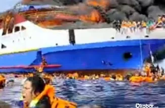 Foto: KM Barcelona 5 dilaporkan terbakar di Pulau Taliase, Minahasa Utara. (dok. Istimewa)
