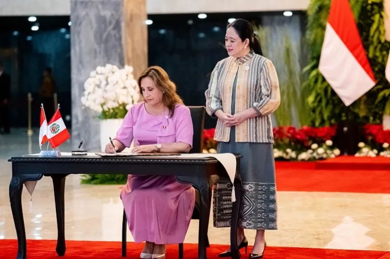 Ketua DPR RI Puan Maharani berbincang dengan Presiden Peru Dina Ercilia Boluarte Zegarra saat pertemuan kenegaraan di Gedung DPR, Jakarta. (Foto: Ist)