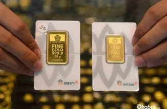 Logam mulia emas Antam ditampilkan dengan berbagai ukuran pecahan gram di tengah tren penurunan harga emas hari ini, Jumat (20/3/2026). (Foto: Ist)