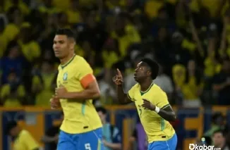 Penyerang Brasil, Vinicius Junior, merayakan gol penyama kedudukan saat menghadapi Maroko pada laga Grup C Piala Dunia 2026 di Stadion MetLife, New Jersey, Minggu (14/6/2026) dini hari WIB. (Foto: Ist)