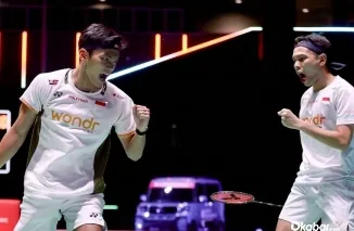 Fajar Alfian dan Muhammad Shohibul Fikri saat merayakan kemenangan di semifinal Japan Open 2026. (Foto: Ist)